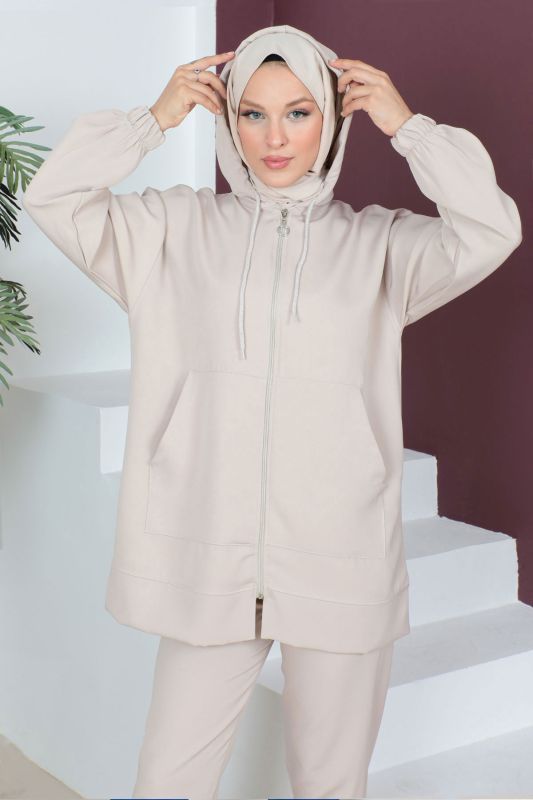 Kapşonlu Cepli İkili Takım TSD230519 Bej - 2