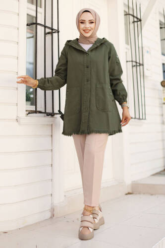 Kapşonlu Cepli Kot Kap TSD240820 Haki - Tesettür Dünyası