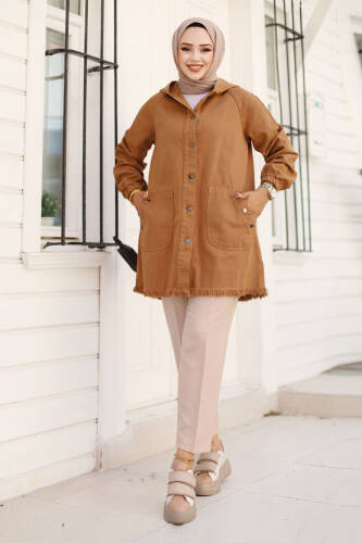 Kapşonlu Cepli Kot Kap TSD240820 Taba - Tesettür Dünyası