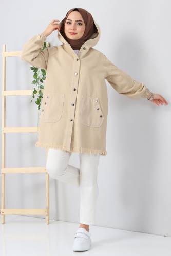 Kapşonlu Cepli Kot Kap TSD5528 Bej - Tesettür Dünyası