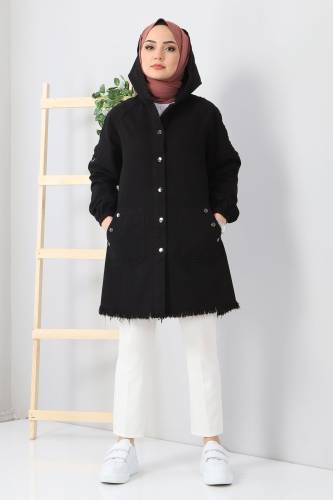 Kapşonlu Cepli Kot Kap TSD5528 Siyah - Tesettür Dünyası