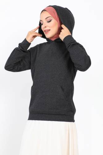 Kapşonlu Kısa Sweatshirt TSD230427 Antrasit - 3