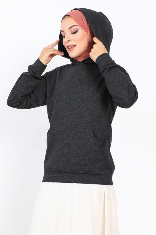 Kapşonlu Kısa Sweatshirt TSD230427 Antrasit - 3