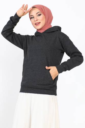Kapşonlu Kısa Sweatshirt TSD230427 Antrasit - 4