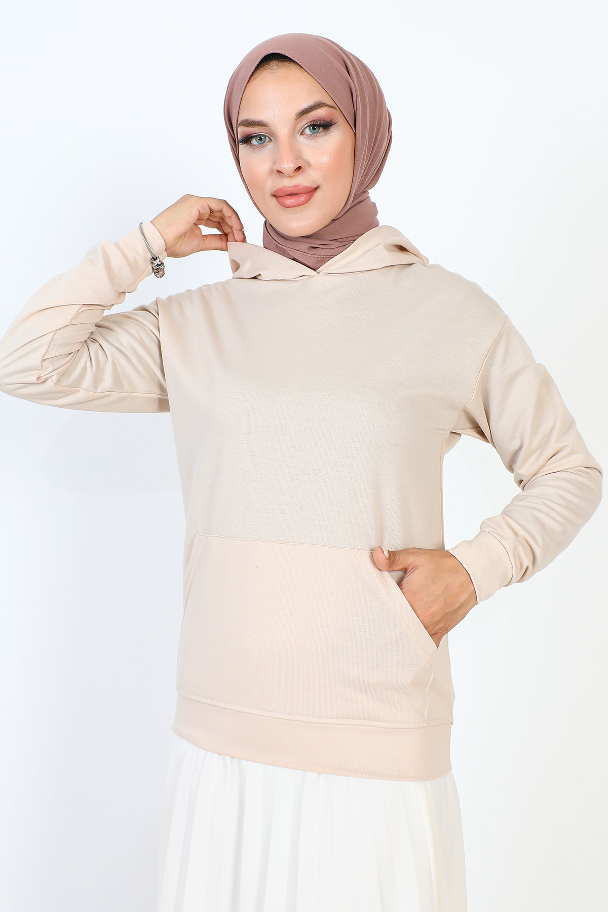 Tesettür Dünyası - Kapşonlu Kısa Sweatshirt TSD230427 Bej