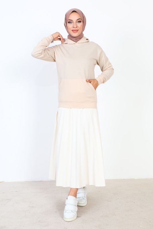 Kapşonlu Kısa Sweatshirt TSD230427 Bej - Tesettür Dünyası (1)