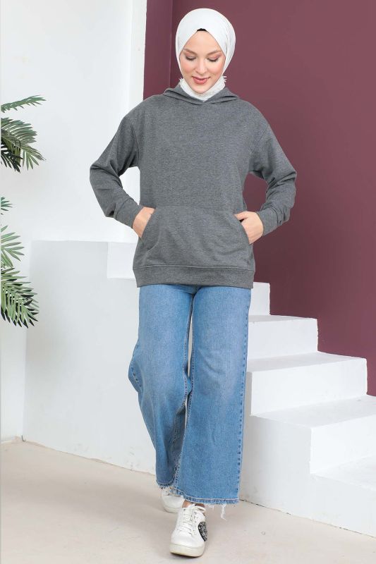 Kapşonlu Kısa Sweatshirt TSD230427 Füme - Tesettür Dünyası (1)