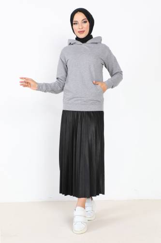 Kapşonlu Kısa Sweatshirt TSD230427 Gri - 2