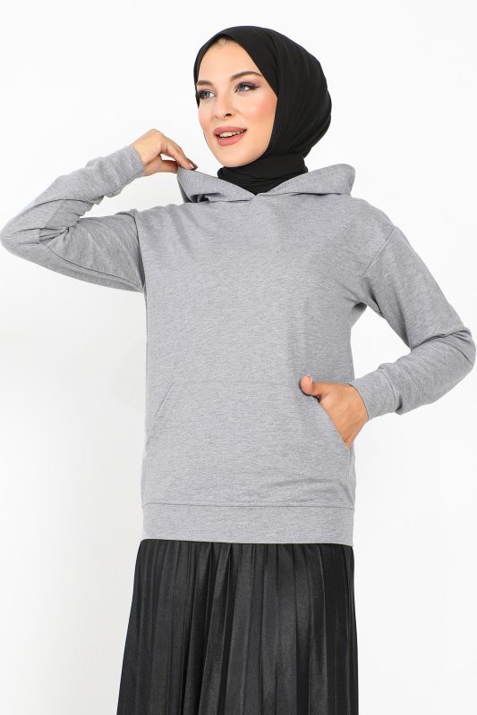 Kapşonlu Kısa Sweatshirt TSD230427 Gri - Tesettür Dünyası