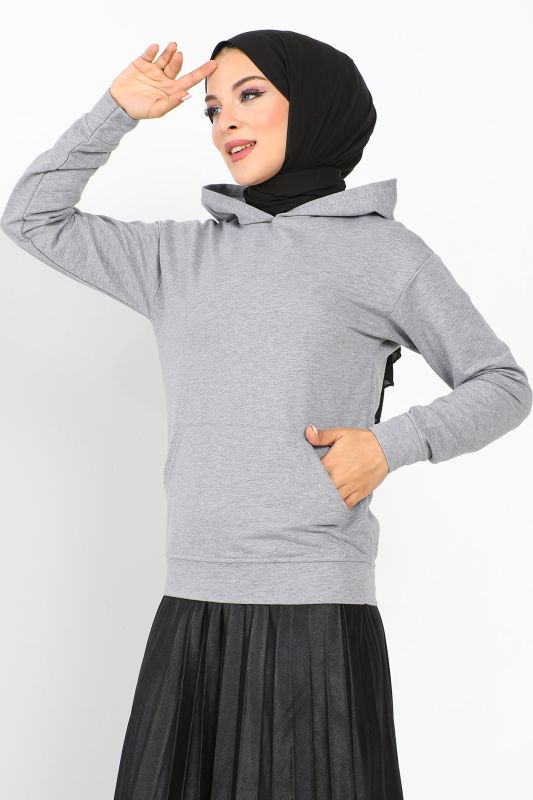 Kapşonlu Kısa Sweatshirt TSD230427 Gri - 3