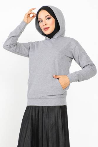 Kapşonlu Kısa Sweatshirt TSD230427 Gri - 4