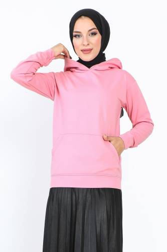 Kapşonlu Kısa Sweatshirt TSD230427 Gül Kurusu 