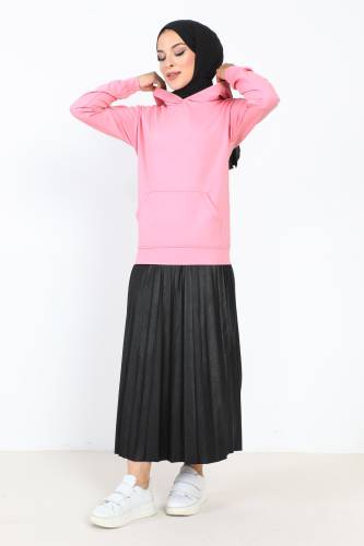 Kapşonlu Kısa Sweatshirt TSD230427 Gül Kurusu - Tesettür Dünyası (1)