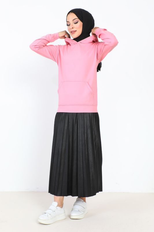 Kapşonlu Kısa Sweatshirt TSD230427 Gül Kurusu - Tesettür Dünyası (1)