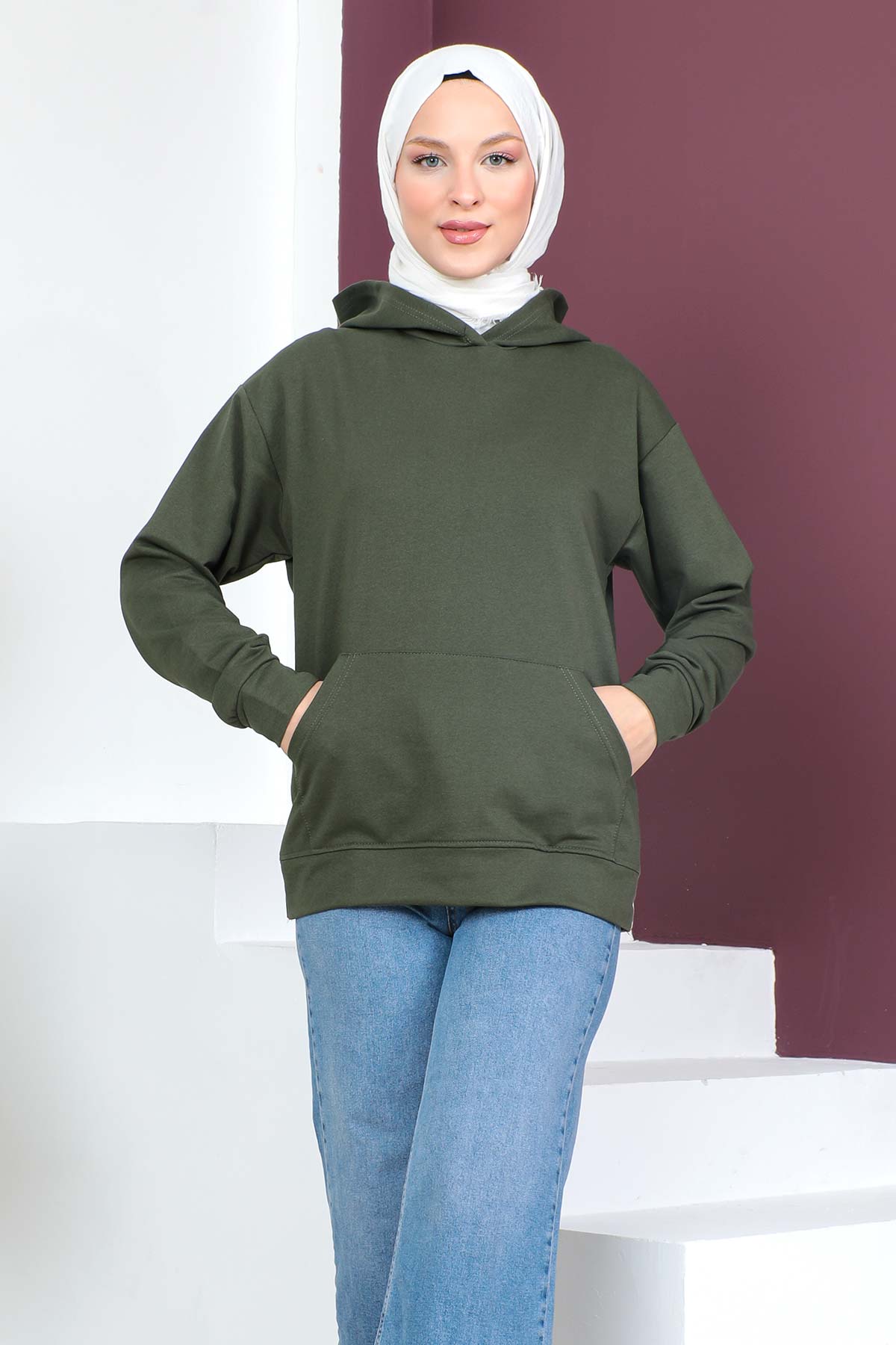 Tesettür Dünyası - Kapşonlu Kısa Sweatshirt TSD230427 Haki