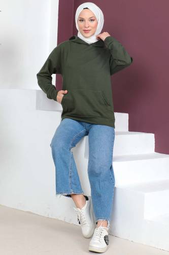 Kapşonlu Kısa Sweatshirt TSD230427 Haki - Tesettür Dünyası (1)