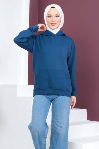 Kapşonlu Kısa Sweatshirt TSD230427 İndigo - 3