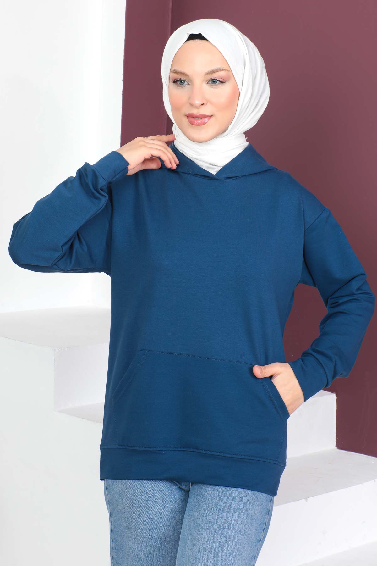 Tesettür Dünyası - Kapşonlu Kısa Sweatshirt TSD230427 İndigo