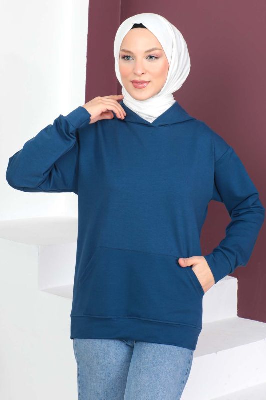 Kapşonlu Kısa Sweatshirt TSD230427 İndigo - 1
