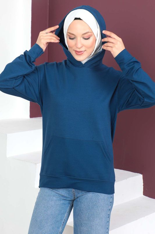 Kapşonlu Kısa Sweatshirt TSD230427 İndigo - 4