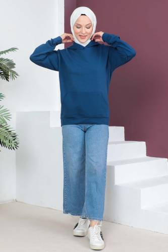 Kapşonlu Kısa Sweatshirt TSD230427 İndigo - Tesettür Dünyası (1)