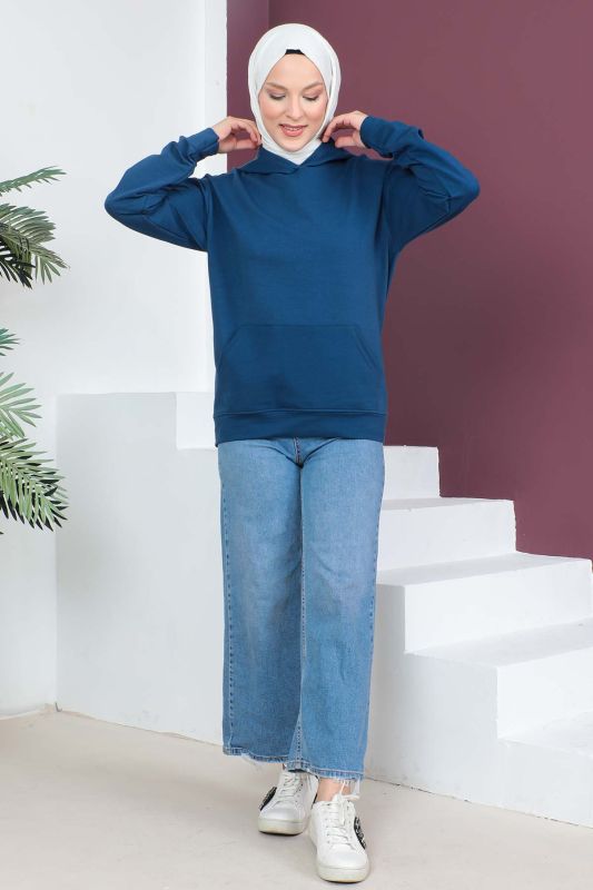 Kapşonlu Kısa Sweatshirt TSD230427 İndigo - 2
