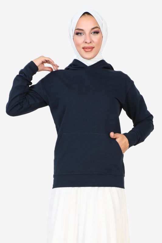 Kapşonlu Kısa Sweatshirt TSD230427 Lacivert - Tesettür Dünyası