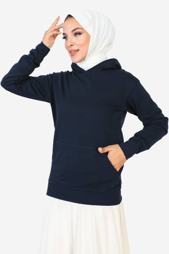 Kapşonlu Kısa Sweatshirt TSD230427 Lacivert - 3