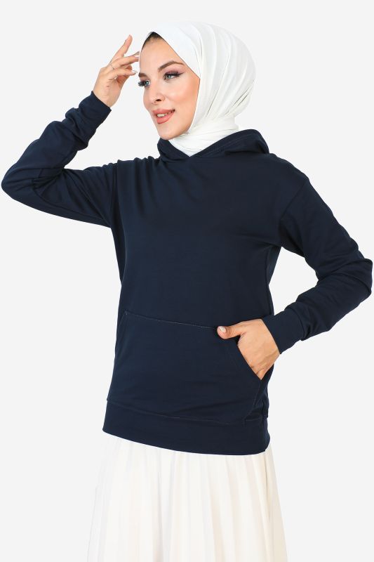 Kapşonlu Kısa Sweatshirt TSD230427 Lacivert - 3