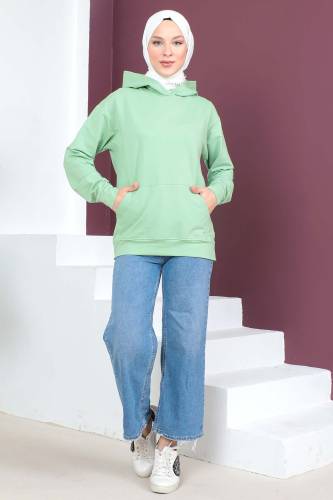 Kapşonlu Kısa Sweatshirt TSD230427 Mint Yeşili - Tesettür Dünyası (1)