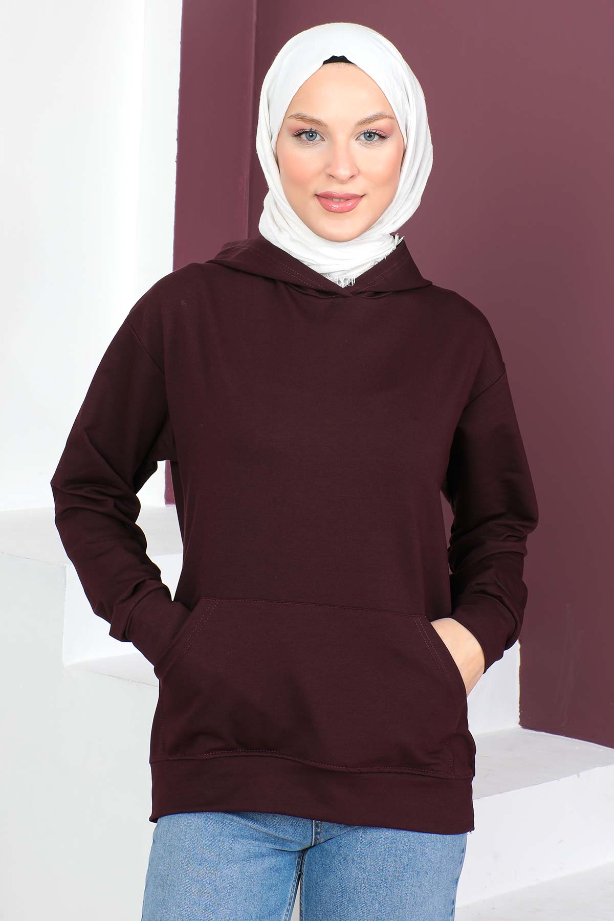 Tesettür Dünyası - Kapşonlu Kısa Sweatshirt TSD230427 Mürdüm