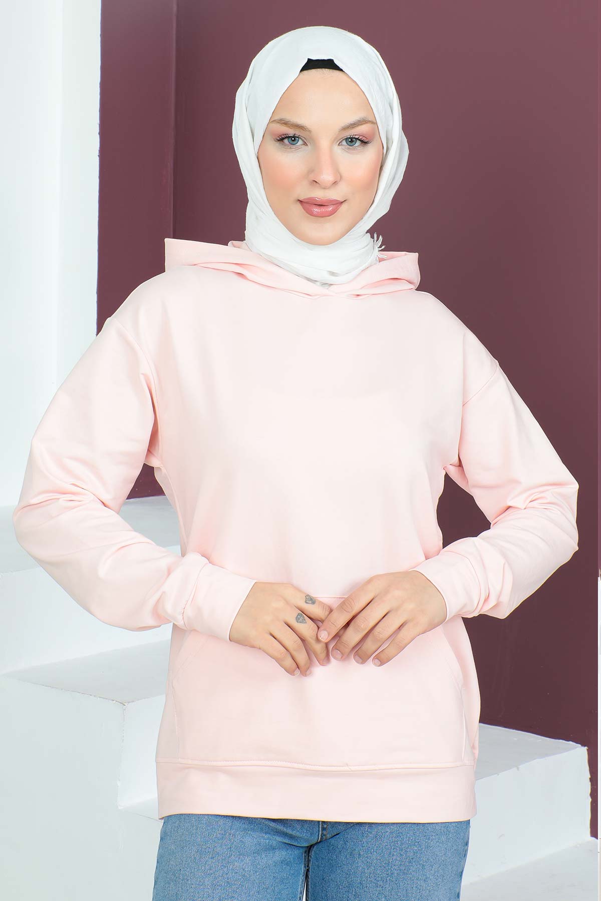 Tesettür Dünyası - Kapşonlu Kısa Sweatshirt TSD230427 Pembe