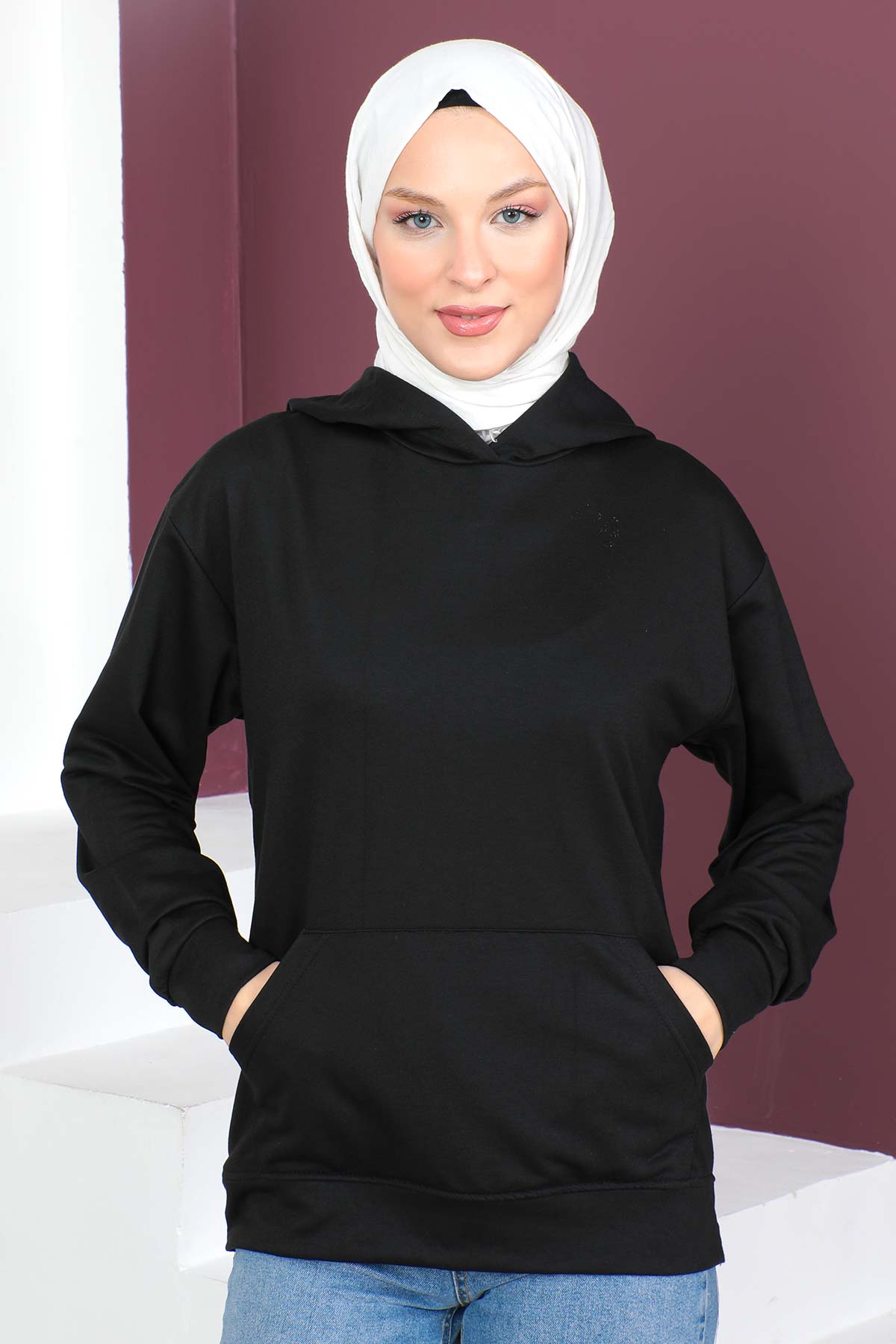 Tesettür Dünyası - Kapşonlu Kısa Sweatshirt TSD230427 Siyah