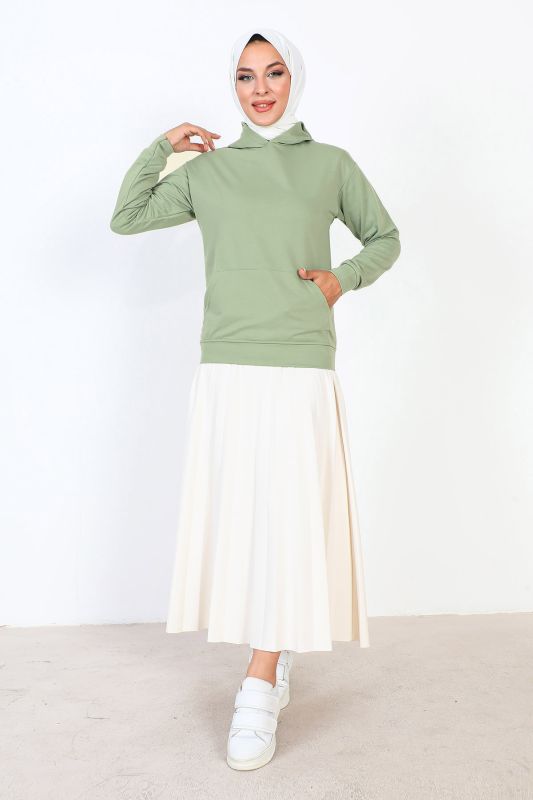 Kapşonlu Kısa Sweatshirt TSD230427 Su Yeşili - Tesettür Dünyası (1)