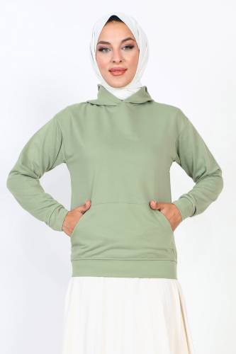 Kapşonlu Kısa Sweatshirt TSD230427 Su Yeşili 