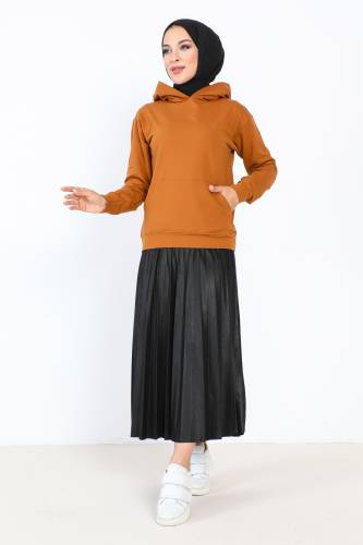 Kapşonlu Kısa Sweatshirt TSD230427 Taba - 2