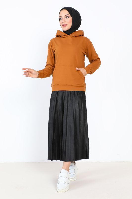 Kapşonlu Kısa Sweatshirt TSD230427 Taba - Tesettür Dünyası (1)