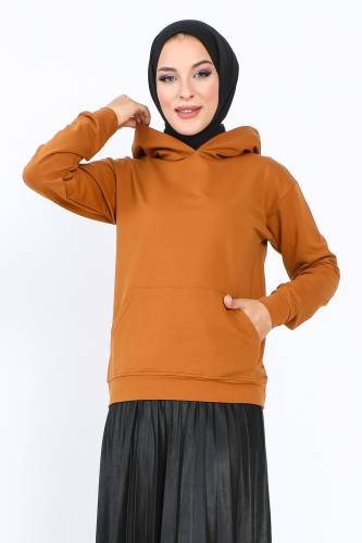 Kapşonlu Kısa Sweatshirt TSD230427 Taba 
