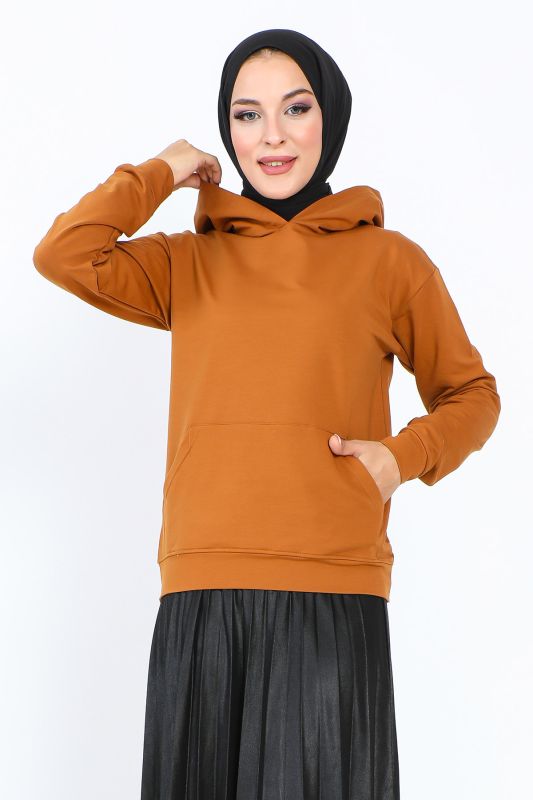 Kapşonlu Kısa Sweatshirt TSD230427 Taba - Tesettür Dünyası