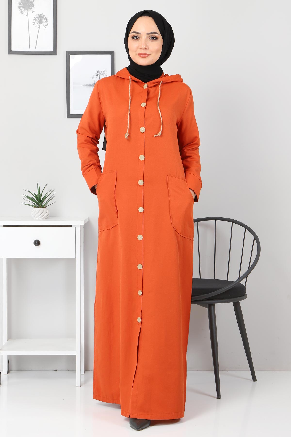 Tesettür Dünyası - Hooded Full Length Cap with Wooden Button TSD3395 Orange