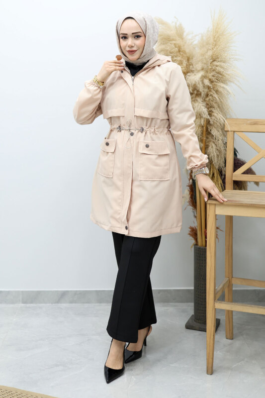 Kapüşonlu Beli Büzgülü Trençkot TSD260148 Bej - Tesettür Dünyası