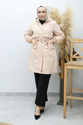 Kapüşonlu Beli Büzgülü Trençkot TSD260148 Bej - 3