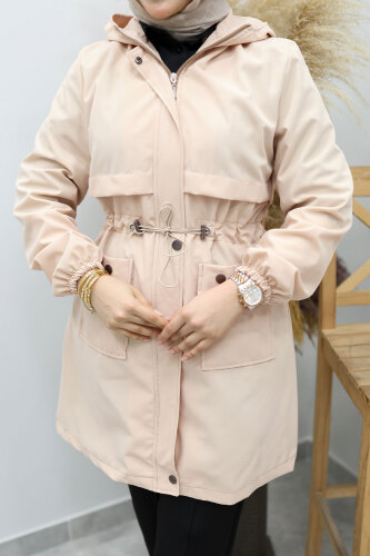 Kapüşonlu Beli Büzgülü Trençkot TSD260148 Bej - 4
