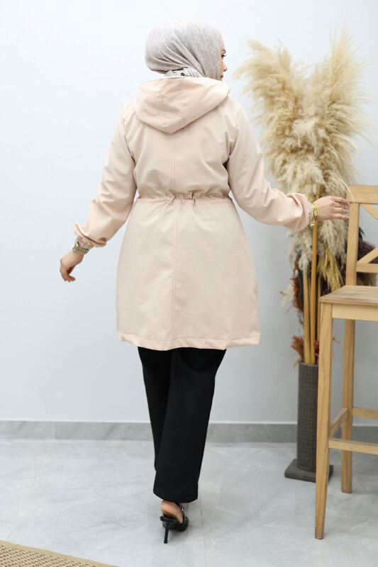Kapüşonlu Beli Büzgülü Trençkot TSD260148 Bej - 6