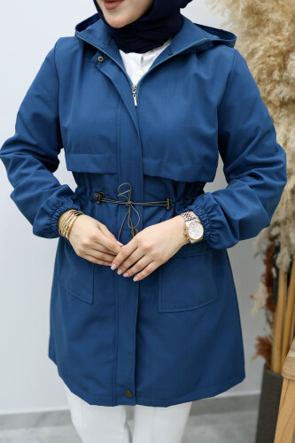 Kapüşonlu Beli Büzgülü Trençkot TSD260148 İndigo - 2