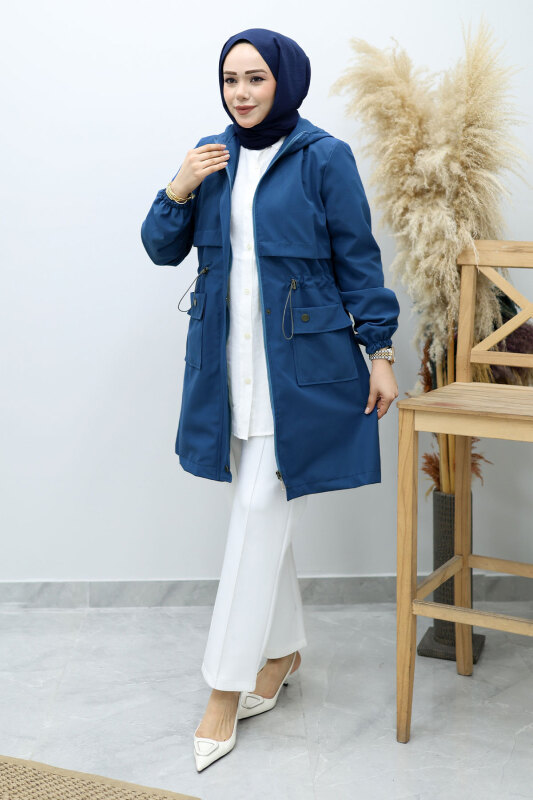 Kapüşonlu Beli Büzgülü Trençkot TSD260148 İndigo - 3