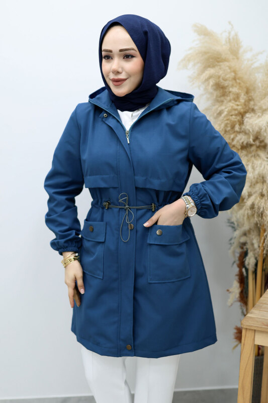 Kapüşonlu Beli Büzgülü Trençkot TSD260148 İndigo - 4