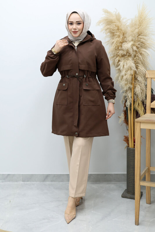 Kapüşonlu Beli Büzgülü Trençkot TSD260148 Kahverengi - Tesettür Dünyası