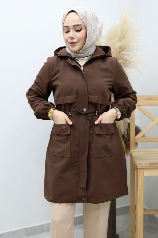 Kapüşonlu Beli Büzgülü Trençkot TSD260148 Kahverengi - Tesettür Dünyası (1)