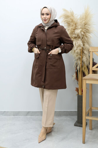 Kapüşonlu Beli Büzgülü Trençkot TSD260148 Kahverengi - 5